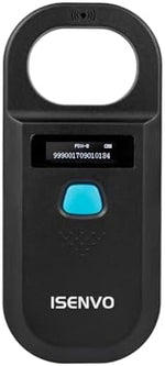 Isenvo animal RFID scanner with backlit OLED display showing ID