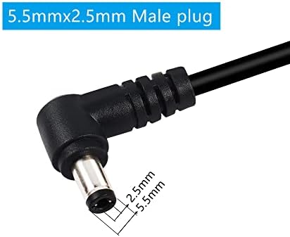 Close up view of the 5.5mm x 2.5mm male barrel connector on the right angle power cord