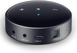 WiiM Mini preamplifier top interface showing touch controls for volume adjustment and playback.