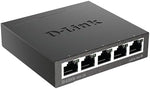 D-Link unmanaged desktop network switch rear view illustrating the five high speed gigabit ports and power input slot.