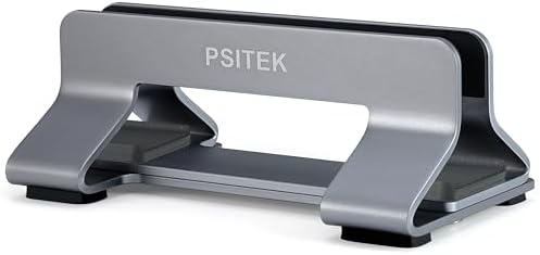 Psitek premium laptop holder dock for desk displaying efficient workplace organization with a closed laptop setup