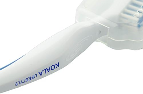 Three pack of Koala Lifestyle denture brushes in white and blue colors laid out with travel caps.