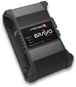 Stetsom Bravo Full 1200 automotive monoblock amplifier side panel featuring adjustable crossover dials and bass boost controls.
