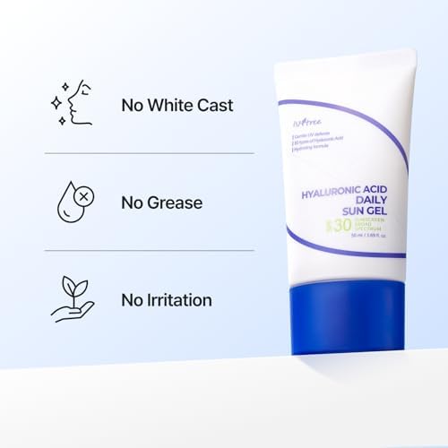 Isntree Hyaluronic Acid Daily Sun Gel tube highlighting broad spectrum sun protection details