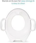 Munchkin stand up potty training ring standing vertically on its built in storage feet.