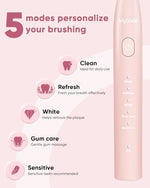 The premium pink sonic toothbrush demonstrating its IPX7 waterproof body under running tap water.