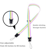 Zorbes rainbow neck strap attached to a compatible instant camera setup for hands-free carry.