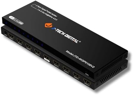 J-Tech Digital audio video distributor back view displaying the single input and eight output ports.
