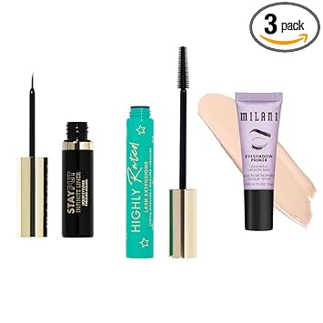 Milani Highly Rated Eye Makeup Trio front view featuring mascara eyeliner and eyeshadow primer