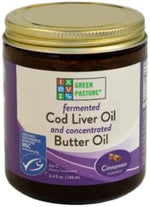 Green Pasture cod liver oil and concentrated butter oil cinnamon supplement packaging label