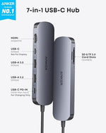 Anker 7-in-1 adapter displaying side profile with dual USB-A ports and Type-C data slot.