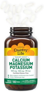 Country Life mineral supplement bottle showing the back label with nutritional values including calcium, magnesium, and potassium dosages.