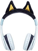 eKids Bluey Bluetooth headphones with integrated microphone detailing control buttons on ear cup
