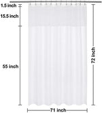 Full length view of the waterproof hotel style shower curtain installed on a rod.