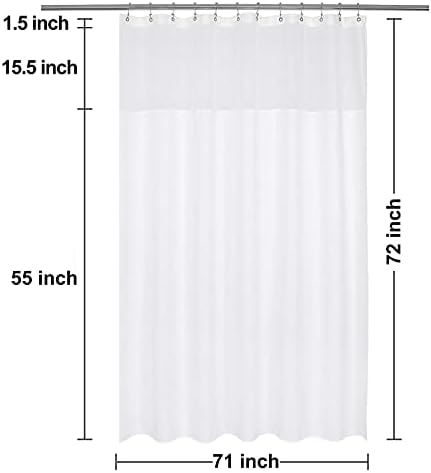 Full length view of the waterproof hotel style shower curtain installed on a rod.