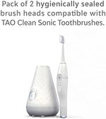 Close up view of TAO Clean whitening brush head showing patented three spiral bristle design
