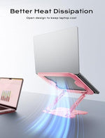 Side angle of pink adjustable riser supporting a 16-inch notebook computer
