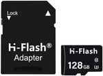 Packaging layout of the H-Flash professional 128GB storage expansion cards with adapters.