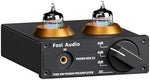 Fosi Audio phono preamplifier top perspective displaying the dual glowing vacuum tubes.