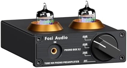 Fosi Audio phono preamplifier top perspective displaying the dual glowing vacuum tubes.