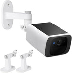 Two pack of white security camera brackets displayed with included mounting hardware screws for home installation.