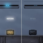 FLANCCI blackout LED covers demonstration showing the comparison between a bright alarm clock display and a dimmed display.