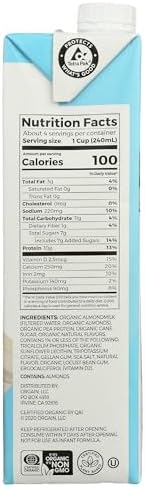 Back label view of Orgain vanilla almond milk detailing clean ingredients and nutritional values.