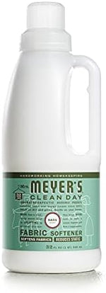 Two bottles of Mrs. Meyer's Basil Fabric Softener highlighting 32 loads per bottle
