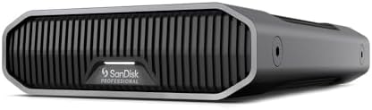 SanDisk Professional 12TB Ultrastar 7200RPM desktop storage drive stacked neatly in a professional editing workstation setup.