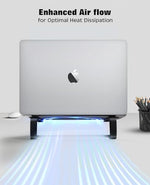 Universal compatibility display of black metal riser hosting sixteen inch premium laptop.