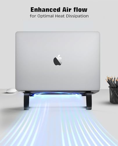 Universal compatibility display of black metal riser hosting sixteen inch premium laptop.