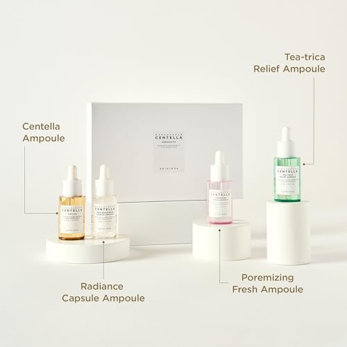 Korean travel size face serum collection featuring four colorful treatments for targeted skincare