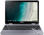 Side profile view of the slim metallic body of the Samsung Chromebook showing Type-C connectivity ports.