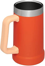 Side profile of the rugged Stanley vacuum insulated party mug in vibrant orange color