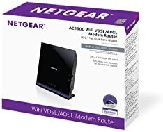 Netgear AC1600 networking hardware display packaging showcasing product specifications and dual band capabilities