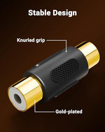 Close up view of the gold plated contacts on the RCA female adapter for secure audio extension.