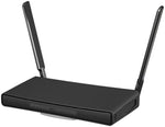 MikroTik dual-band Wi-Fi 6 router sleek black chassis perspective shot