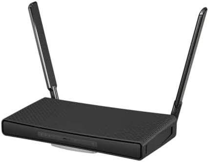 MikroTik dual-band Wi-Fi 6 router sleek black chassis perspective shot