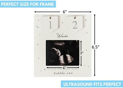 Wooden baby ultrasound keepsake frame displayed on a modern nursery room shelf.