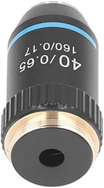 Close up look at the anti-reflective coated optical glass elements of the Fafeicy achromatic microscope replacement lens.