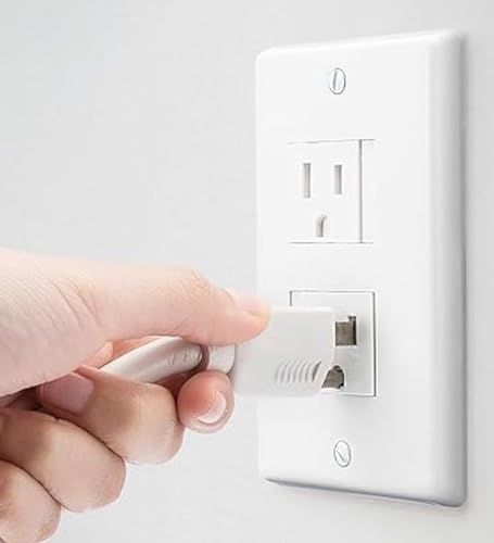 Side profile of white self-closing outlet cover installed on wall