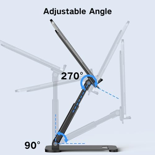 Tonmom ergonomic desktop tablet stand showcasing dual rotating shafts for customizable height and viewing angles.