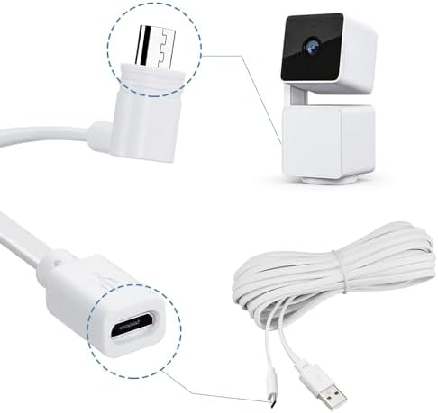 Smays security camera power cord showing the right angle 90 degree micro usb adapter connection.