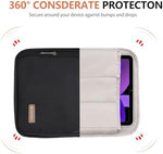Kailaien travel crossbody bag packed with a thirteen inch tablet, charging cables, power bank, and an Apple Pencil inside.