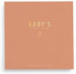 Lucy Darling Teddy Bears Picnic Baby Memory Book front view showing the elegant gold stamped details on the luxury linen cover.