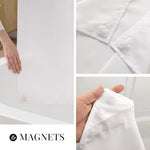 Full length display of the seventy one by seventy four inches white luxury spa shower curtain hanging in a modern bathroom.