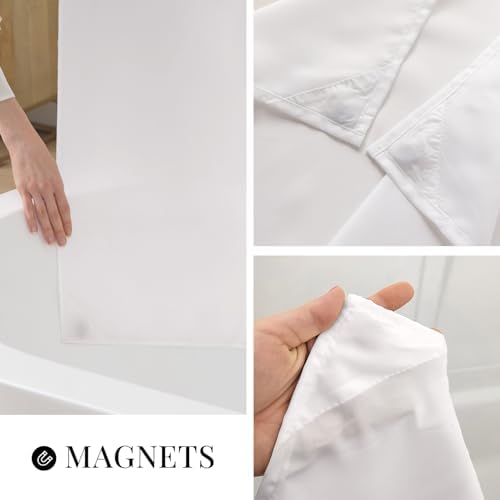 Full length display of the seventy one by seventy four inches white luxury spa shower curtain hanging in a modern bathroom.