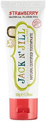 Natural certified strawberry toothpaste and bunny toothbrush set for children.