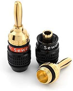Gold plated speaker plug connectors by Sewell shown from a side perspective profile.