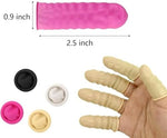 Pink anti static rubber finger tip protectors displayed on fingers